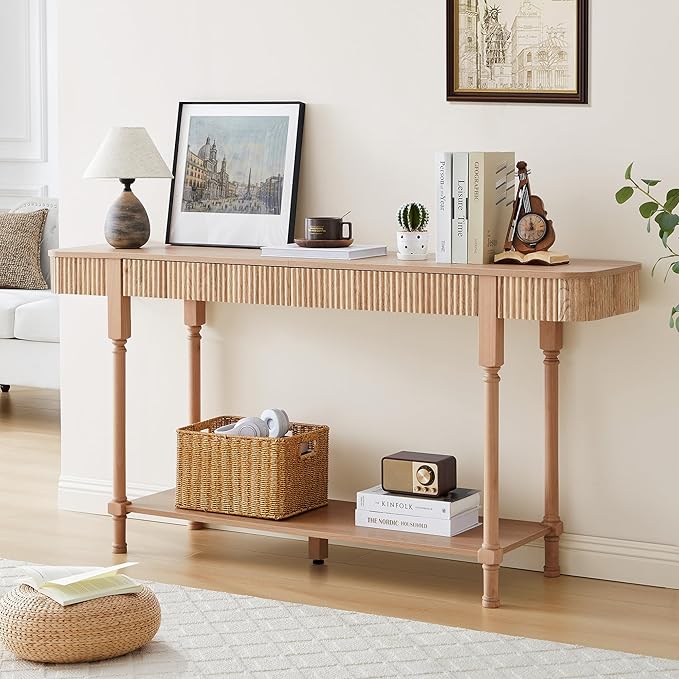 63'' Fluted Console Table with 2 Drawers, 2-Tier Long Entryway Tables with Open Storage, Wooden Narrow Sofa Table Behind Couch, Foyer Accent Table for Living Room, Hallway, Entrance (Natural)