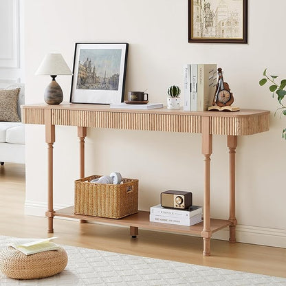 63'' Fluted Console Table with 2 Drawers, 2-Tier Long Entryway Tables with Open Storage, Wooden Narrow Sofa Table Behind Couch, Foyer Accent Table for Living Room, Hallway, Entrance (Natural)