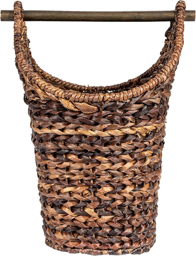 Creative Co-Op Boho Oval Braided Bankuan Bathroom Tissue/Toilet Paper Basket with Wood Handle, Brown