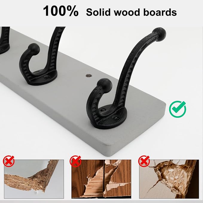 WEBI Rustic Coat Rack Wall Mount,24" Long 6 Cast Iron Coat Hooks Wall Mounted,Heavy Duty Wood Wall Coat Hanger Hooks for Hanging Coats,Jacket,Clothes,Backpack,Farmhouse,Gray
