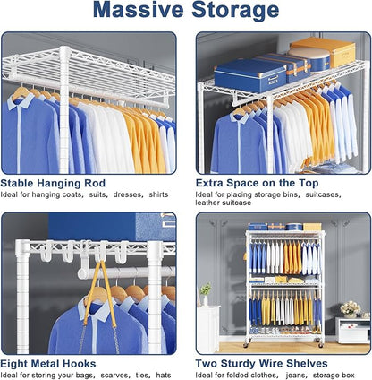 P8 Heavy Duty Clothes Rack（With Extended Width Design） Rolling Clothing Racks for Hanging Clothes，Portable Garment Rack with Lockable Wheels，51.2" W x 15.8" D x 80.5" H，Max Load 700LBS，White