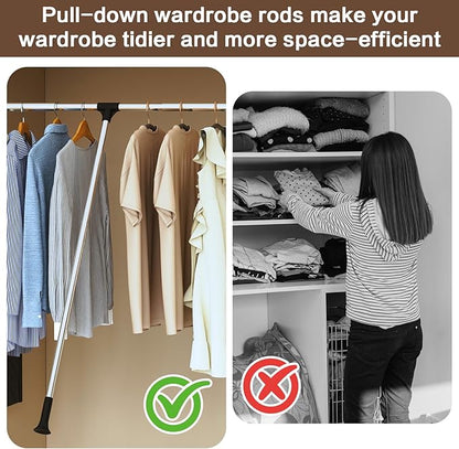 Pull Down Closet Rod - Adjustable 26-35 Inch Heavy Duty Hanging Rod with Soft-Close, Side & Back Mounted, 60 lbs Capacity for Closet & Wardrobe Organization