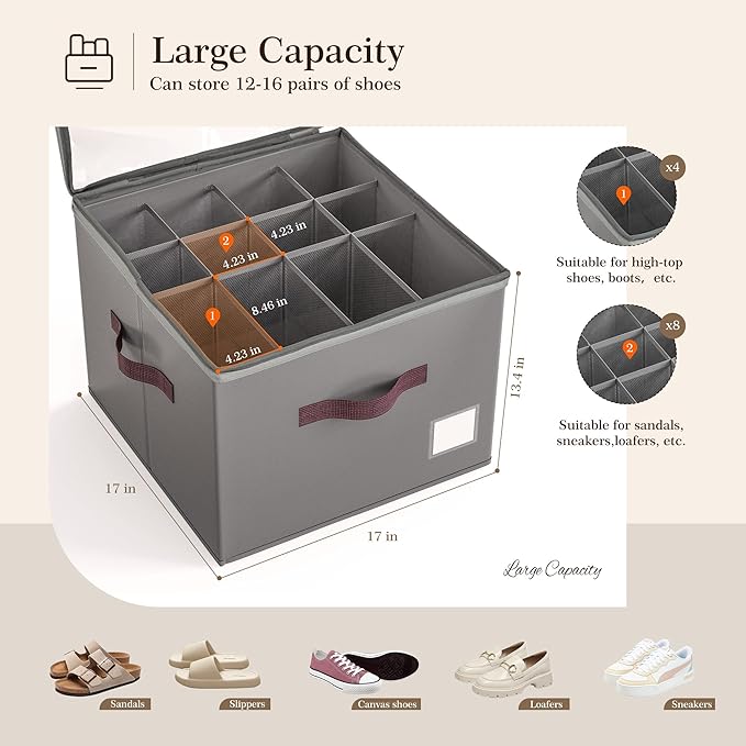 Criusia Shoe Organizer for Closet, 2 Pack Shoe Organizer with Transparent Cover and Sturdy Handles, Closet Shoe Storage for Sneakers Sandals Slippers, Fit 12-16 Pairs, Gray