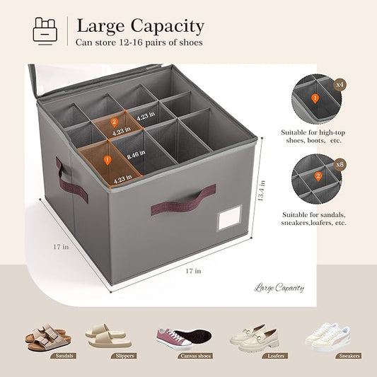 Criusia Shoe Organizer for Closet, 2 Pack Shoe Organizer with Transparent Cover and Sturdy Handles, Closet Shoe Storage for Sneakers Sandals Slippers, Fit 12-16 Pairs, Gray