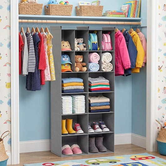 Ofiray-home 6 Tier Hanging Closet Organizer, 16 Compartments Sweater Organizer for Closet with 3 Sturdy Hooks, Closet Organizers and Storage, Wardrobe, Rv, Garment Rack, Grey
