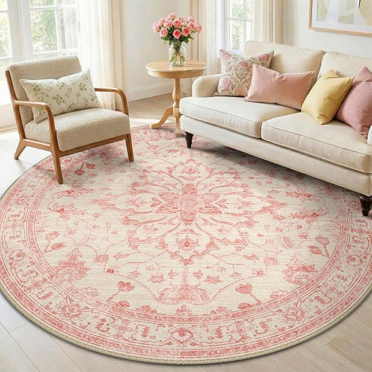 RELEANY Area Rugs Round 6ft Washable Non-Slip, Floral Vintage Distress Medallion Carpet for Living Room Bedroom Dining Room, Pink Light Vintage Pink