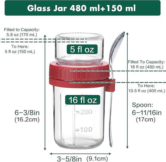 Danmu 2 Pack Overnight Oats Containers with Lids 21 oz (16+5),Dual-Layer Yogurt Parfait Cups with Lids,Meal Prep Containers Glass for Snack,Overnight Oats,Yogurt,Parfait,Salad Dishwasher Safe