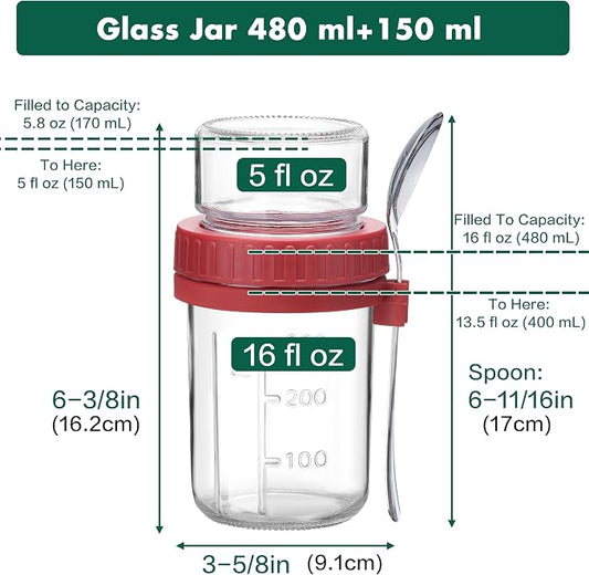 Danmu 4 Pack Overnight Oats Containers with Lids 21 oz (16+5),Dual-Layer Yogurt Parfait Cups with Lids,Meal Prep Containers Glass for Snack,Overnight Oats,Yogurt,Parfait,Salad Dishwasher Safe