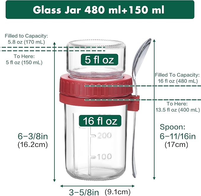 Danmu 2 Pack Overnight Oats Containers with Lids 21 oz (16+5),Dual-Layer Yogurt Parfait Cups with Lids,Meal Prep Containers Glass for Snack,Overnight Oats,Yogurt,Parfait,Salad Dishwasher Safe