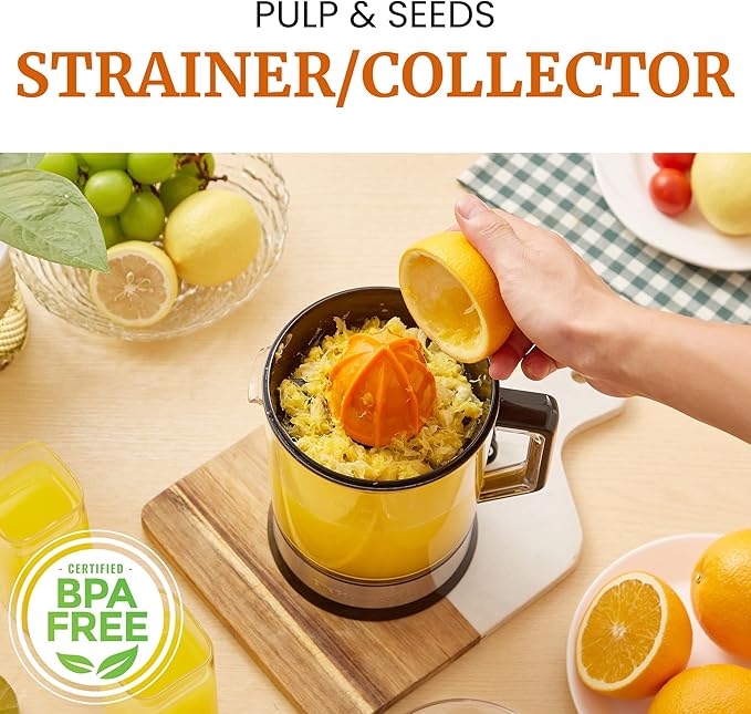 Elite Gourmet ETS047 BPA-Free 40-Watt Electric Citrus Juicer with 2 Cones, Compact, Large Volume, Pulp Control, Oranges, Lemons, Limes, Grapefruits with Easy Pour Spout, 1.2L, Black/Stainless Steel