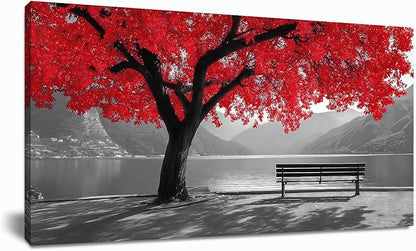 Tarfupth Black and White Red Large Tree of Life Wall Art for Living Room Mountain Artwork Landscape Lake Pictures for Bedroom Office Home Decor Modern Canvas Prints 20"x40"