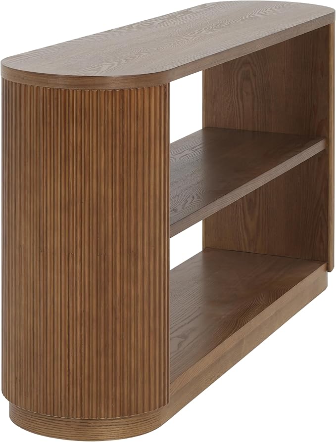 Merax Modern Entryway Console Table with Triple-Tier Storage, Slim Sofa Table with Open Shelf & Elegant Wood Grain, Multi-Functional Hallway Table for Living Room, Brown