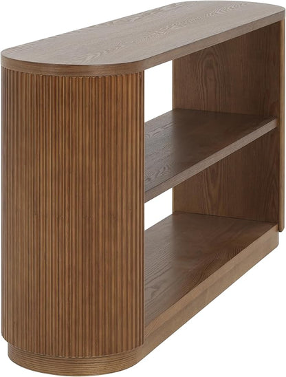 Merax Modern Entryway Console Table with Triple-Tier Storage, Slim Sofa Table with Open Shelf & Elegant Wood Grain, Multi-Functional Hallway Table for Living Room, Brown