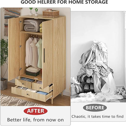 Armoire Wardrobe Closet with 2 Fluted Doors,64.96" Wooden Clothes Storage Cabinet with Hanging Rod and Shelf Storage,Wardrobe Cabinet with 3 Drawers,Freestanding Closet for Bedroom (Natural)