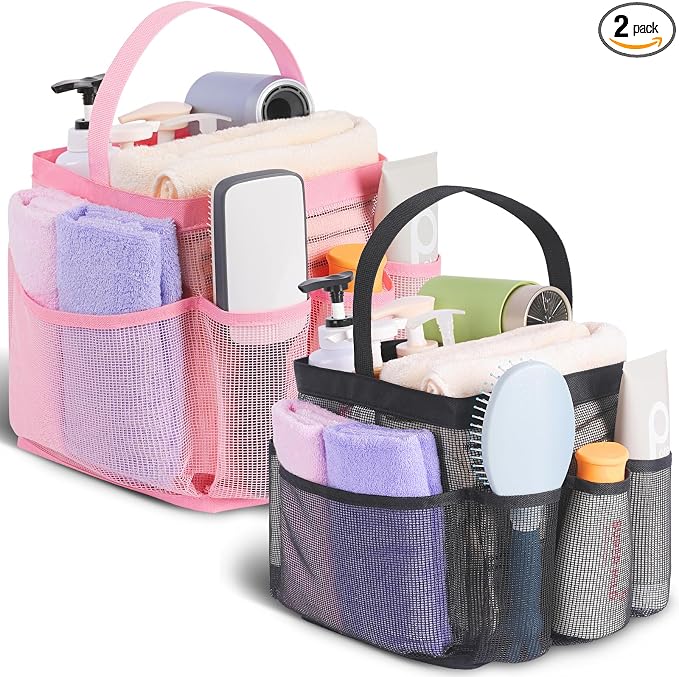EUDELE 2 Pack Mesh Shower Caddy Portable for College Dorm Room Essentials, Shower Caddy Dorm with 8-Pocket Large Capacity,Shower Bag for Beach,Swimming,Gym All Black+All Pink