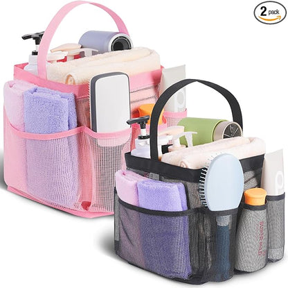 EUDELE 2 Pack Mesh Shower Caddy Portable for College Dorm Room Essentials, Shower Caddy Dorm with 8-Pocket Large Capacity,Shower Bag for Beach,Swimming,Gym All Black+All Pink