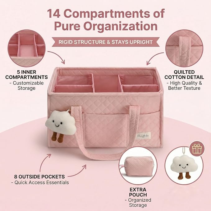 PeraBella Baby Diaper Caddy Organizer, Baby Basket Shower Gift, Portable Changing Table Basket, Postpartum Caddy & Tote Bag Pouch, Newborn Boy & Girl Nursery Essentials Registry, Car Diaper Organizer