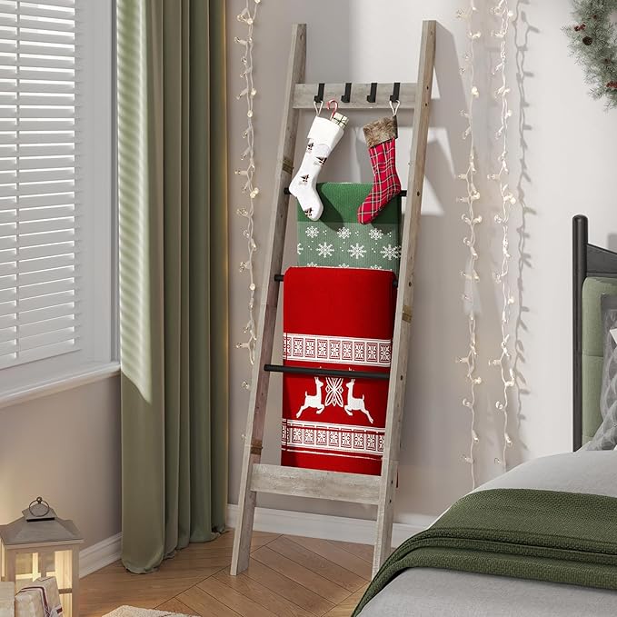 Hzuaneri Blanket Ladder for Living Room, Decorative Quilt Rack with 4 Removable Hooks, 5-Tier Farmhouse Ladder Holder Shelf Organizer for Bedroom, Greige and Black BR02105B