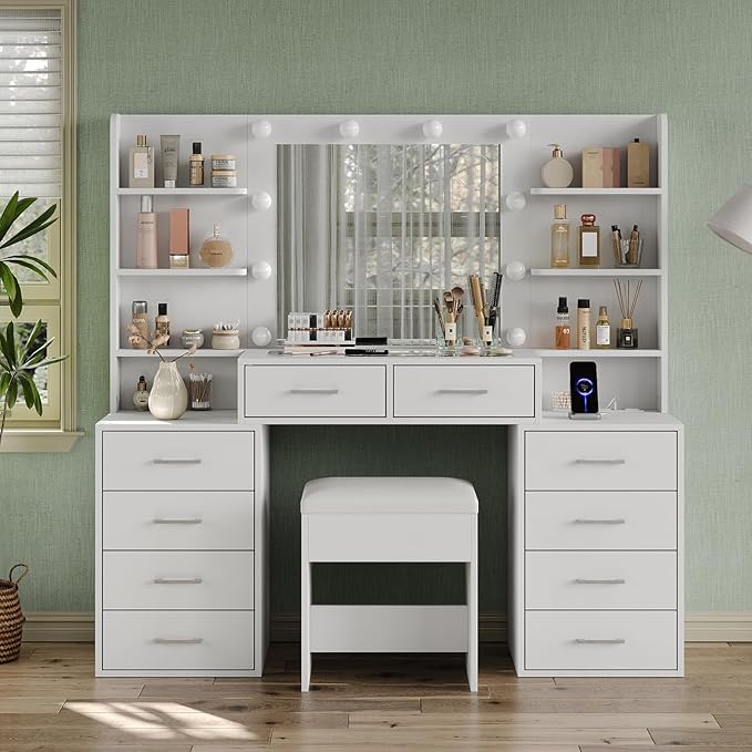55'' W Makeup Vanity with Mirror & Lights, 10 Drawers Vanity Desk with Charging Station, 6 Open Shelves, 3 Lighting Modes Brightness Adjustable, Glass Top Vanity with Chair for Bedroom, White