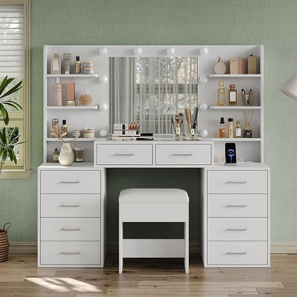 55'' W Makeup Vanity with Mirror & Lights, 10 Drawers Vanity Desk with Charging Station, 6 Open Shelves, 3 Lighting Modes Brightness Adjustable, Glass Top Vanity with Chair for Bedroom, White