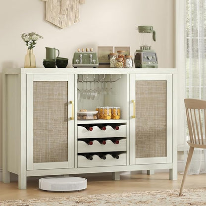 Rattan Wine Bar Cabinet, Boho Rattan Home Bar with Glass Holder and Drawer Style Racks, Oak Sideboard Buffet Storage Cabinet for Living Dining Room Kitchen (White Oak)