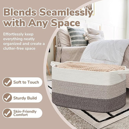 Goodpick Large Woven Storage Basket, 21.6"x14.9"x11.8", Blanket Storage for Bedroom and Living Room, Rectangle Rope Baskets for Storage, White Brown