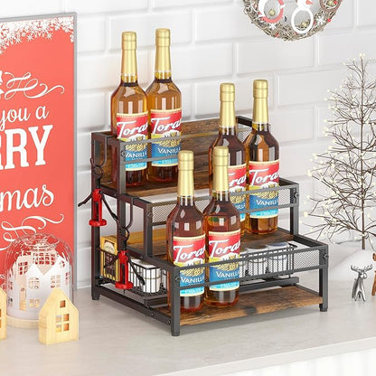 LOTEYIKE 3 Tier Coffee Syrup Rack Organizer, 12 Water Bottles Holder Stand Liquor Cabinet Storage, Wine Rack Countertop Storage Rack Coffee Bar Cabinet for Kitchen