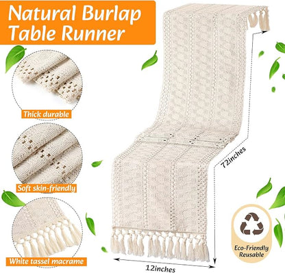 12 Sets Boho Decoration Placemats Round Woven Placemats, Cloth Napkins, Wood Bead Napkin Rings, Long Table Runner and Farmhouse Burlap Cotton for Table Kitchen (White,12x72)