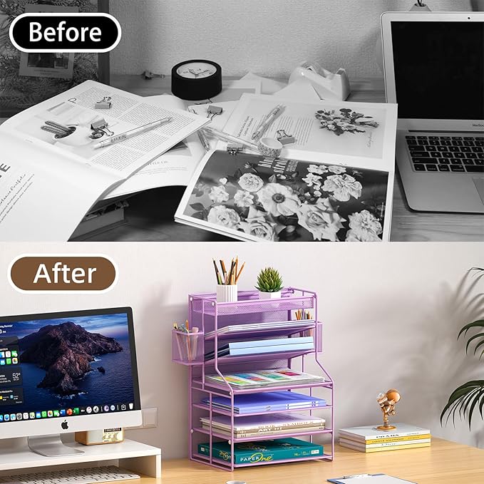 7 Tier Desk File Organizer,Metal Document Holder with Adjustable Shelves, Pull-Out Drawer & Removable Pen Holder for Office Organization,Purple