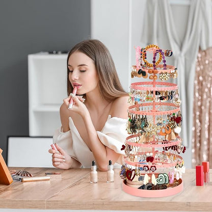 17Dec 6 Tier Rotating Jewelry Organizer Stand, 230 Holes Earring Holder Organizer for Women Girls, Spinning Earring Tree with Ring Holder, Wide Base for Bracelets Watches Lipstick