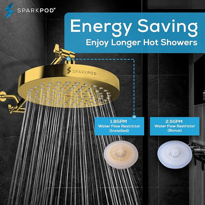SparkPod Rain Shower Head, 8 Inch Round | High Pressure Shower Heads, 90 Nozzle (Touch-to-Clean), Adjustable Showerhead, No-tool Universal Connection