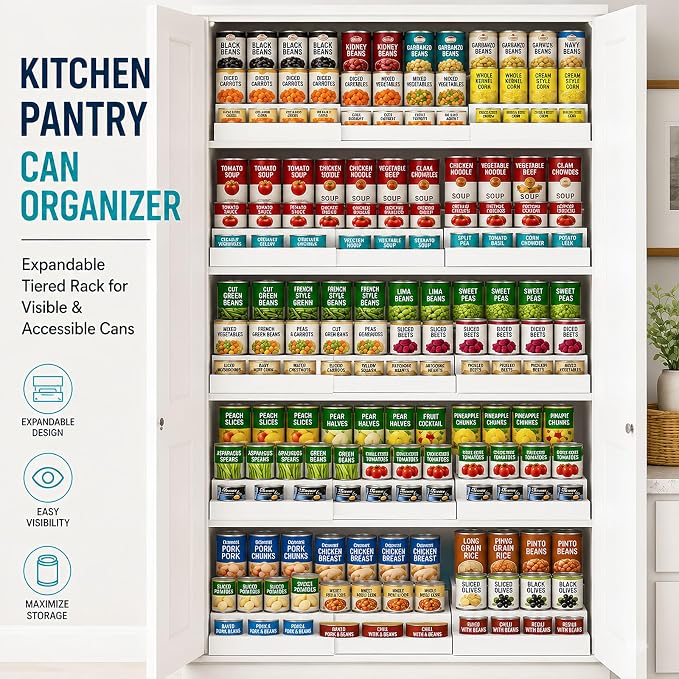 Expandable Wooden Can Organizer for Pantry, Adjustable 3-Tiered Shelf Holds 24 Cans, Rack for Cabinet & Countertop, Space Saving Holder for Small Kitchens & Apartments, White