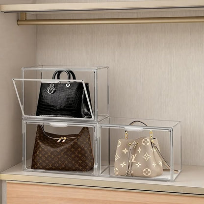 9Pack Purse Organizer for Closet Clear Acrylic Display Case Handbag Storage Organizer Box with Magnetic Door Stackable Storage Bins with Dustproof Lid for Book Toys Shoes Cosmetic Collectibles