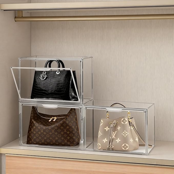 3Pack Purse Organizer for Closet Clear Acrylic Display Case Handbag Storage Organizer Box with Magnetic Door Stackable Storage Bins with Dustproof Lid for Book Toys Shoes Cosmetic Collectibles