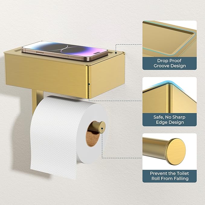 FORIOUS Toilet Paper Holder with Shelf, Sanitary Napkin Receptacle Tampon Holder, Wall Mount Toilet Paper Holder with Storage, Flushable Wipes Dispenser Fits for Bathroom Commercial(1, Brushed Gold)