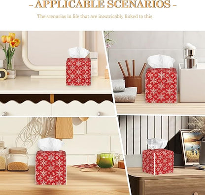 Tissue Box Cover Holder, Christmas Red Plaid Square with Bottom Belt by PU Leather Decorative Organizer for Tabletop, Bathroom, Car, Office