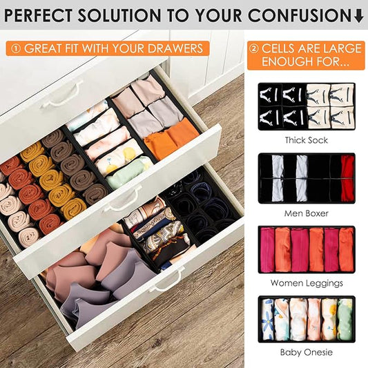 Drawer Organizer Clothes, 8 Pack Dresser Organizer Bins for Baby Clothes, Underwear Sock, Fabric Closet Organization and Storage Dividers for Nursery Bedroom (48 Compartments, Black)