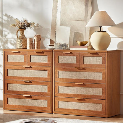 LEYAOYAO Rattan Dresser for Bedroom, 33.5" Tall Chest of Drawers, Modern 5 Drawers Boho Dressers with Storage, Vintage Brown Dresser Wooden Closet Organizer for Living Room, Hallway