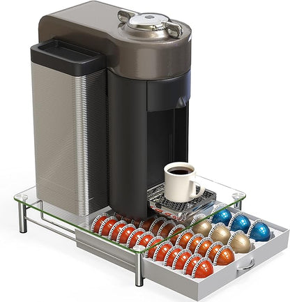 DecoBrothers Crystal Tempered Glass Vertuo Pod Holder Drawer, 24 Large or 48 Small Nespresso Capsule Organizer, White