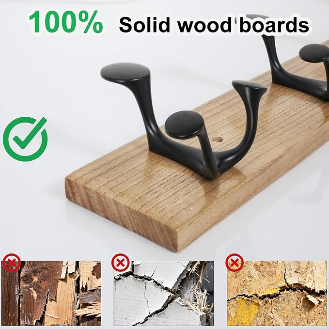 SKOLOO 30-Inch Wood Coat Rack Wall Mount with 5 Triple Hooks - Ideal for Family Entrances, Classrooms, and Pet Supplies Storage - Perfect Coat Hooks for Wall, Black on Natural
