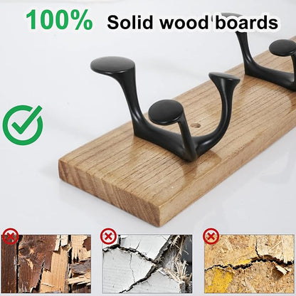 SKOLOO 30-Inch Wood Coat Rack Wall Mount with 5 Triple Hooks - Ideal for Family Entrances, Classrooms, and Pet Supplies Storage - Perfect Coat Hooks for Wall, Black on Natural