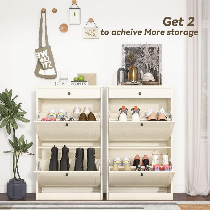 FTZxHKLX Shoe Cabinet with 2 Flip Drawers, Slim Freestanding Hidden Shoe Organizer with Drawer, Pet-Proof Shoe Storage Cabinet for Entryway Living Room Behind The Door, Light Oak