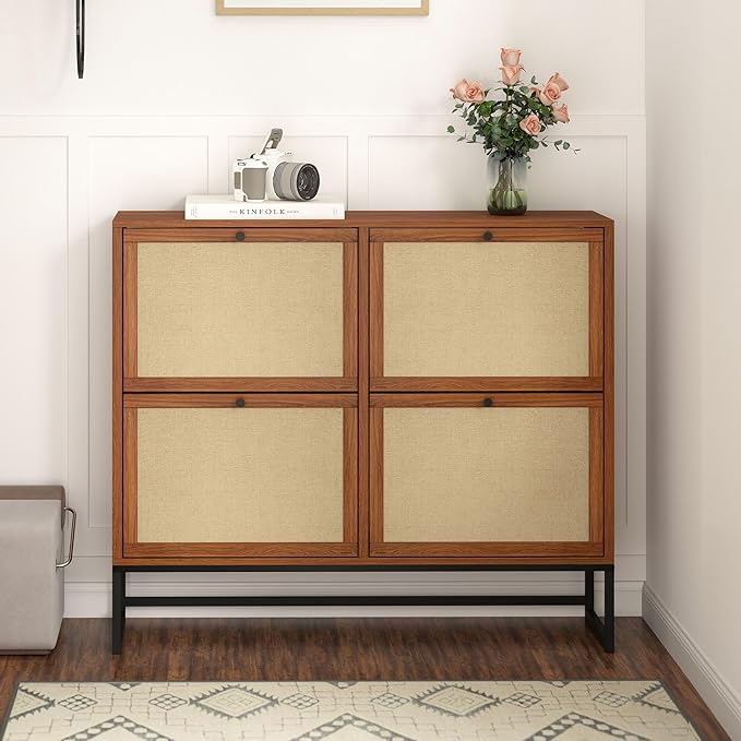 Shoe Cabinet, Shoe Storage Cabinet with 4 Flip Drawers, Freestanding Shoe Organizer Shoe Rack for Entryway, Hallway, Living Room (Walnut - 8 Tiers)