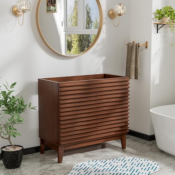 ROOMTEC 36" Bathroom Vanity, Mid-Century Freestanding Bathroom Cabinet Vanity with Storage, Particleboard Frame with Wood Grain Laminate, Walnut (Sink Basin Not Included)