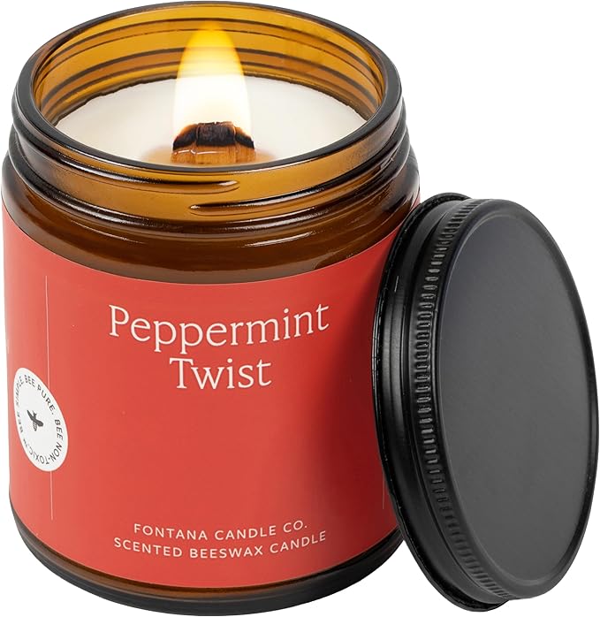Fontana Candle Co Wood Wick Beeswax Jar Candles, Peppermint Twist Holiday Candle - Made with Coconut Oil & Pure Essential Oils – Clean Burn, Long Lasting and Non-Toxic Candles for Home & Room Decor