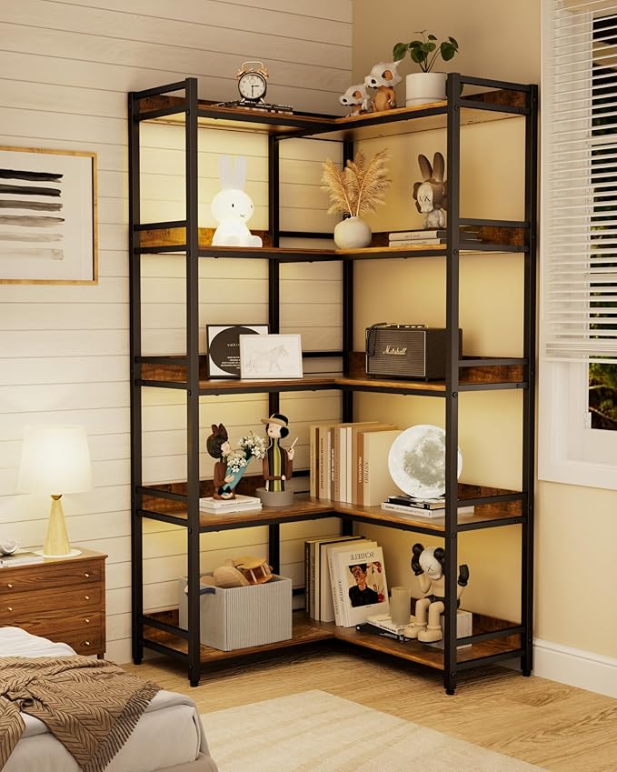 Large 5-Tier Corner Bookshelf - Modern Tall Corner Shelf Storage Display Rack with Sturdy Metal Frame - Perfect for Living Room, Home Office, Books and Decor Display