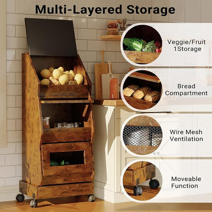 Potato and Onion Bin with Lid Movable Bread Box, Potato and Onion Storage with Wheels Black Movable, Vegetable Cabinet with 3 Tier Storage, Grocery Section Bread