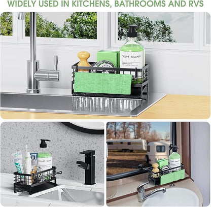 DYFVREN Self-Draining Kitchen Sink Caddy, Rustproof Non-Slip Sponge Holder with Detachable Dish Cloth Holder (Black)