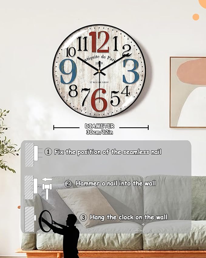 Decorative Wall Clocks Batterys Operated, Retro Wall Clock with Glass Dial, 12-Inch Dial with Roman Numerals, Silent and No Ticking, Suitable for Living Room, Bedroom, Dining Area, Workspace