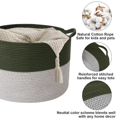115L Extra Large Blanket Basket,Woven Rope Laundry Basket Hamper with Handles, Decorative Nursery Basket Storage Bin for Toys, Clothes Organizer, Living Room, Bedroom, Bathroom, Green&White